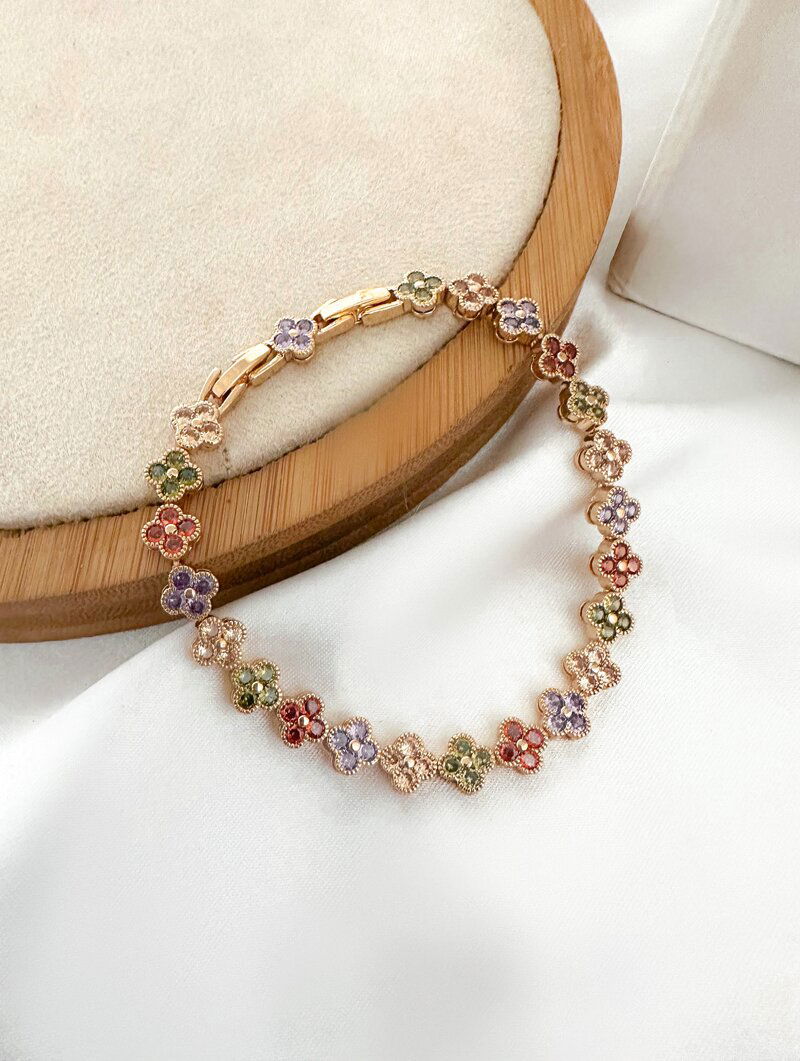 pulseira folheada a ouro 18k e prata 925 flores de micro zircônias