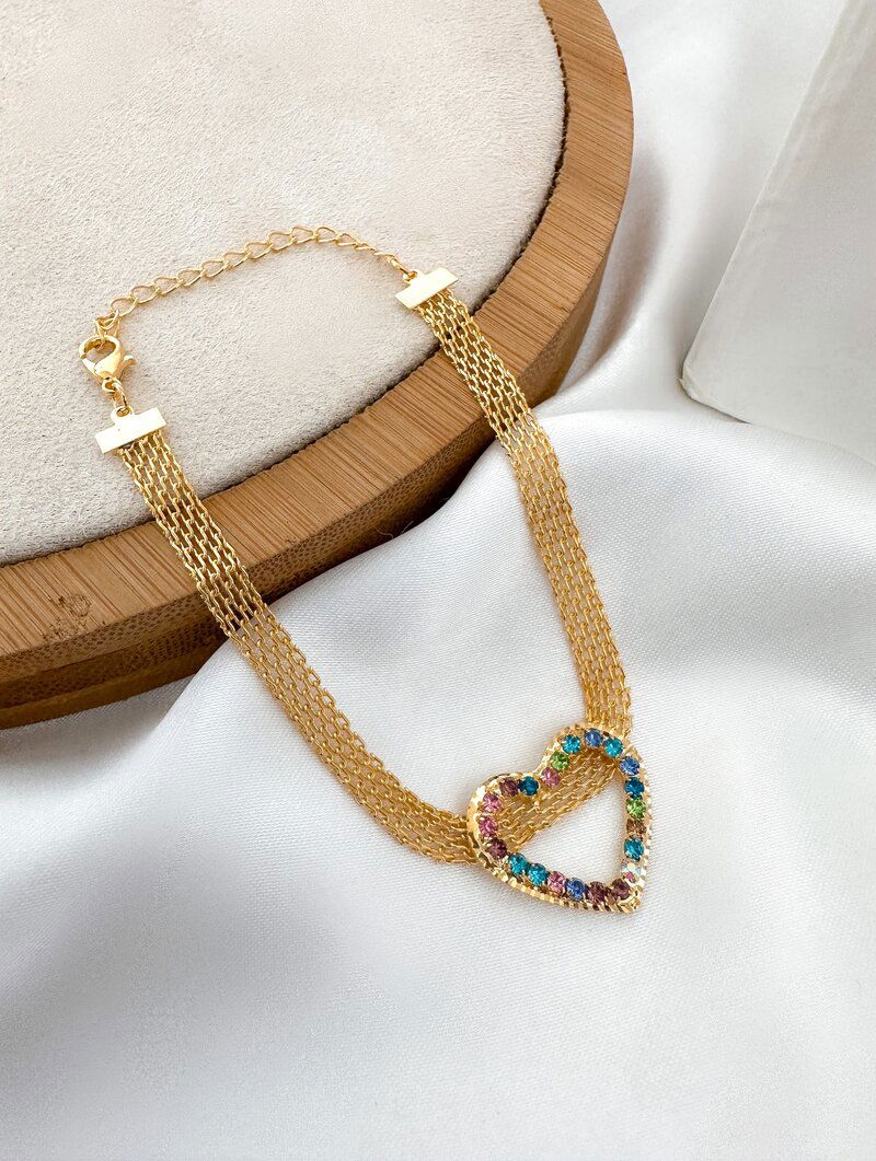 Pulseira Folheada a Ouro 18k e Prata 925 Manta com Coração de Zircônias Colorido