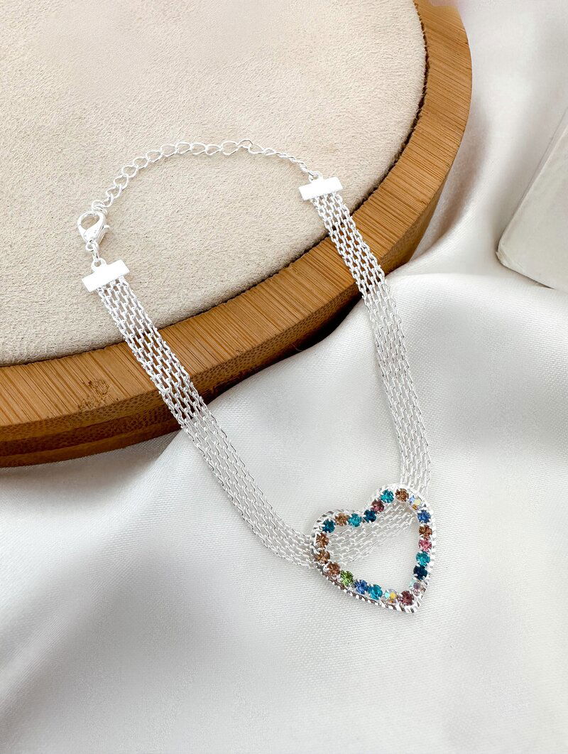 Pulseira Folheada a Ouro 18k e Prata 925 Manta com Coração de Zircônias Colorido