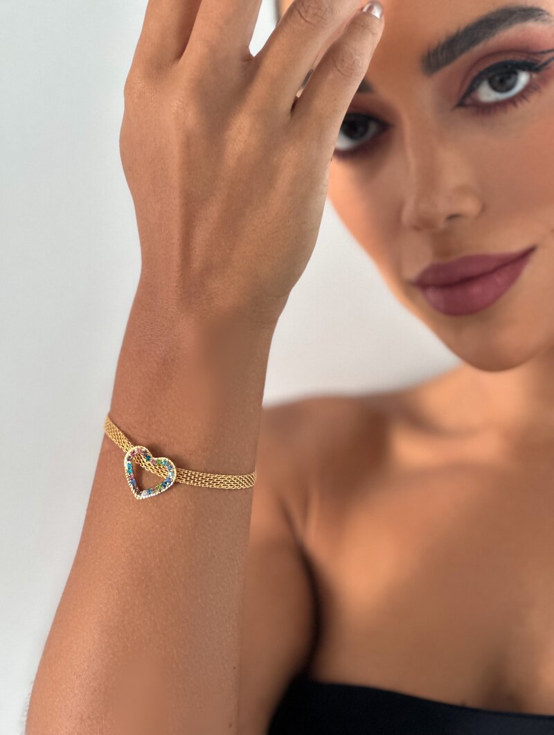 Pulseira Folheada a Ouro 18k e Prata 925 Manta com Coração de Zircônias Colorido