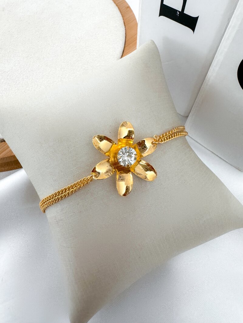 Pulseira Folheada a Ouro 18k e Prata 925 Dois Fios e Pingente Flor com Zircônia