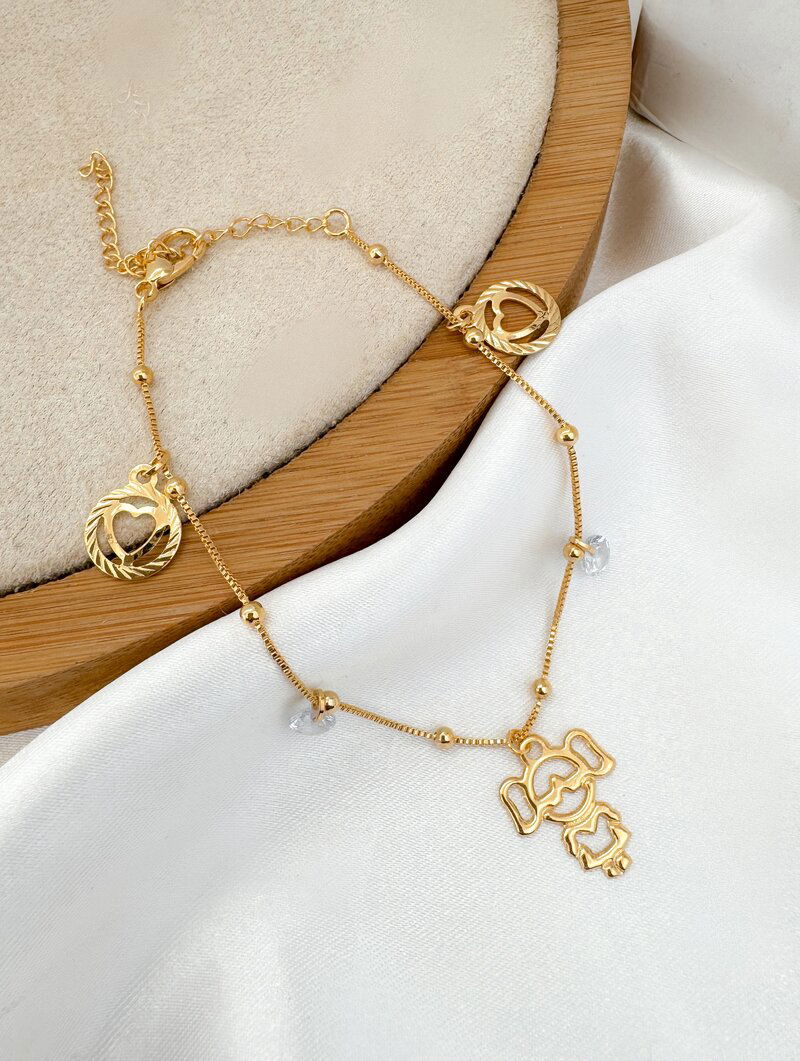 Pulseira Folheada a Ouro 18k e Prata com Pingentes Criança e Cristais