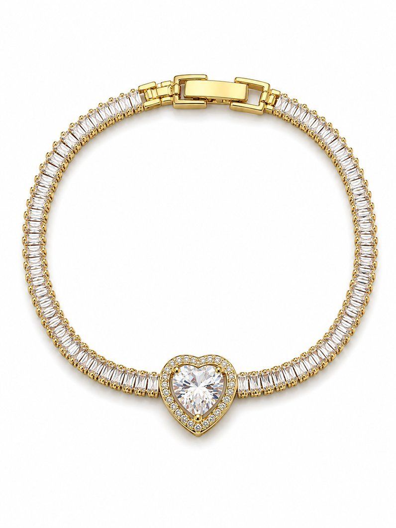 Pulseira Folheada a Ouro 18k e Prata Coração Cristal Cravejado
