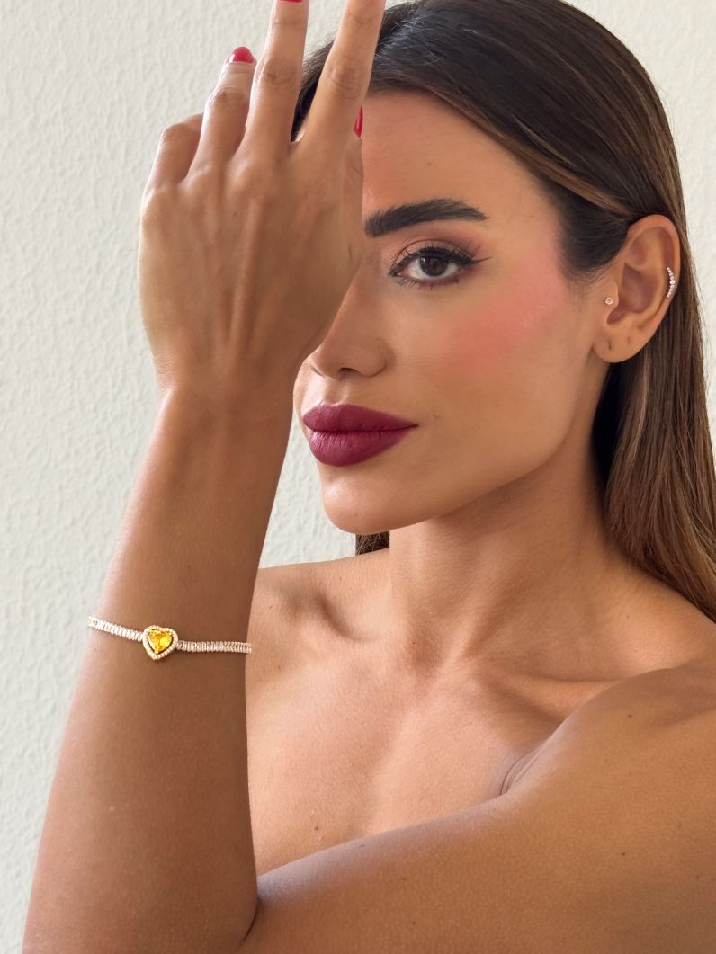 Pulseira Folheada a Ouro 18k e Prata Coração Cristal Cravejado