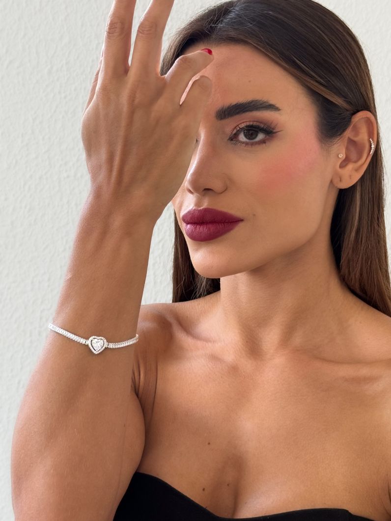 Pulseira Folheada a Ouro 18k e Prata Coração Cristal Cravejado