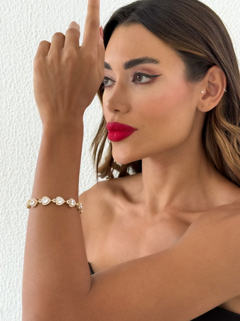 Pulseira Folheada a Ouro 18k e Prata Coração de Cristal Com Zircônias