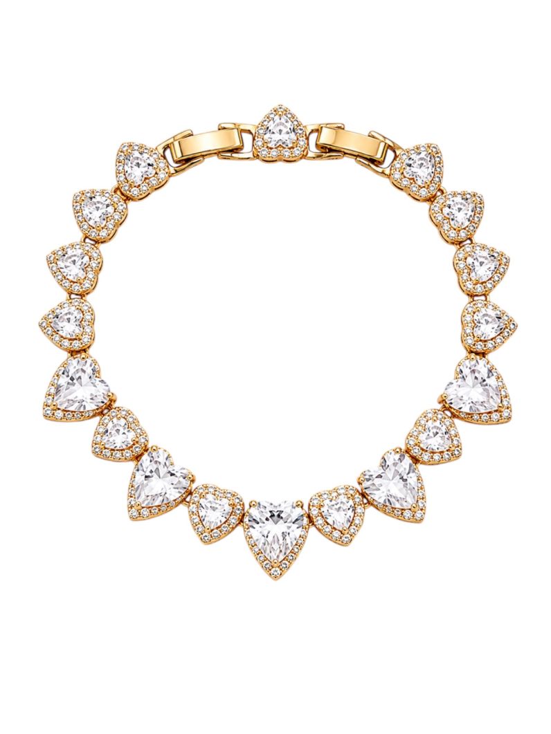 Pulseira Folheada a Ouro 18k e Prata Corações de Cristais