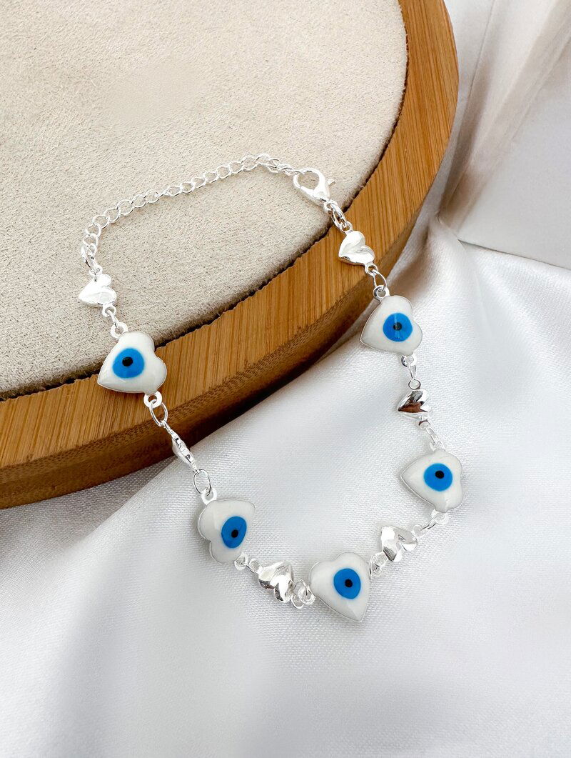 Pulseira Folheada a Ouro 18k e Prata Corações e Olho Grego