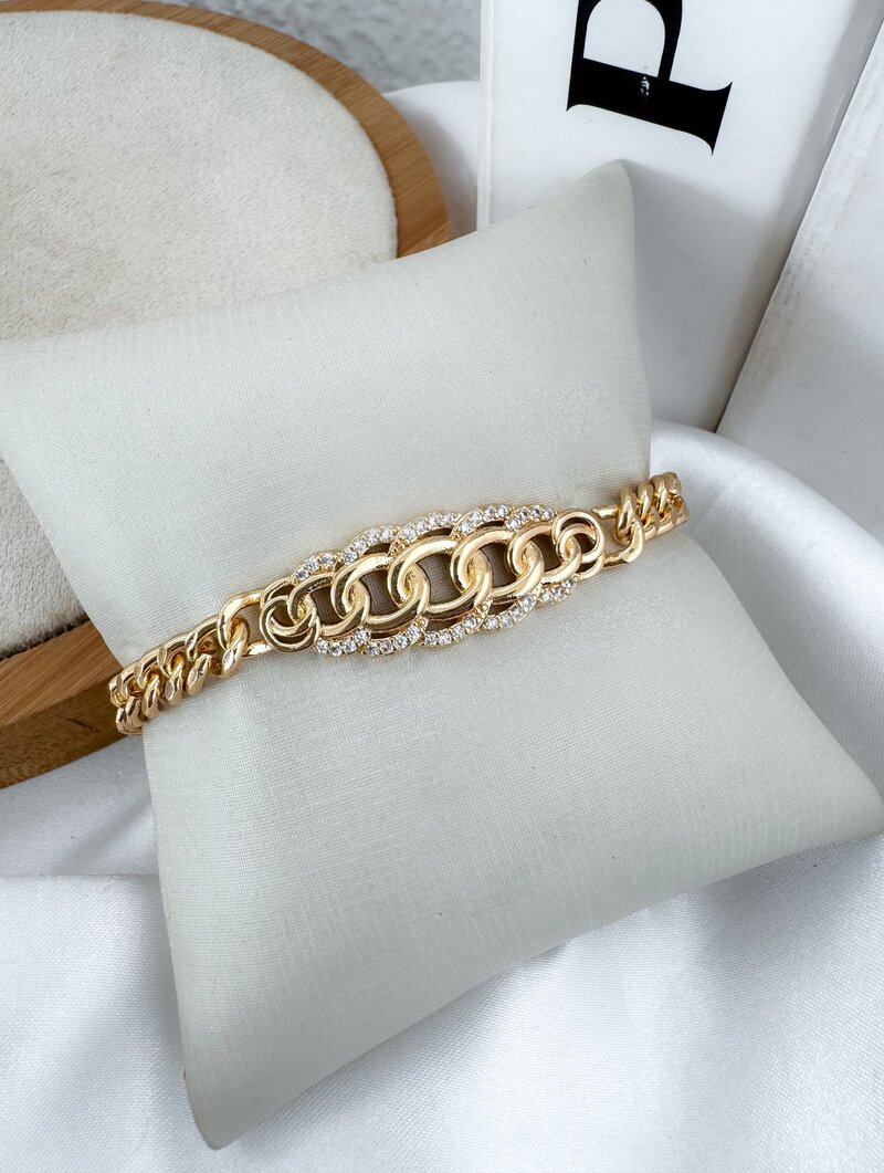 Pulseira Folheada a Ouro 18k e Prata Corrente Com Elos Cravejados