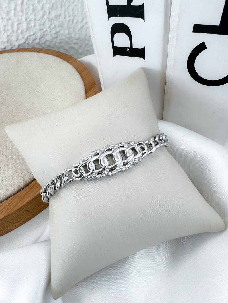 Pulseira Folheada a Ouro 18k e Prata Corrente Com Elos Cravejados