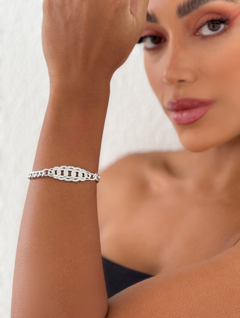 Pulseira Folheada a Ouro 18k e Prata Corrente Com Elos Cravejados