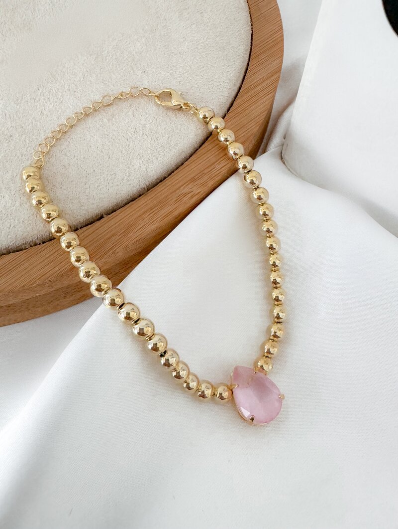 Pulseira Folheada a Ouro 18k e Prata Corrente de Esferas com Gota de Zircônia