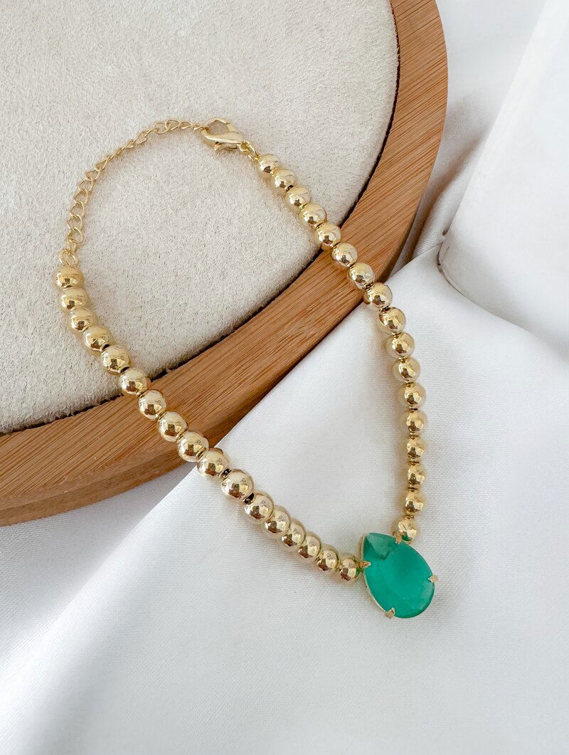 Pulseira Folheada a Ouro 18k e Prata Corrente de Esferas com Gota de Zircônia