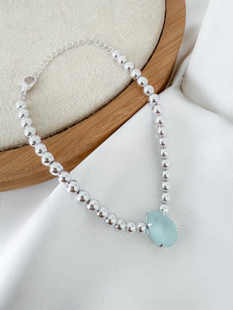 Pulseira Folheada a Ouro 18k e Prata Corrente de Esferas com Gota de Zircônia