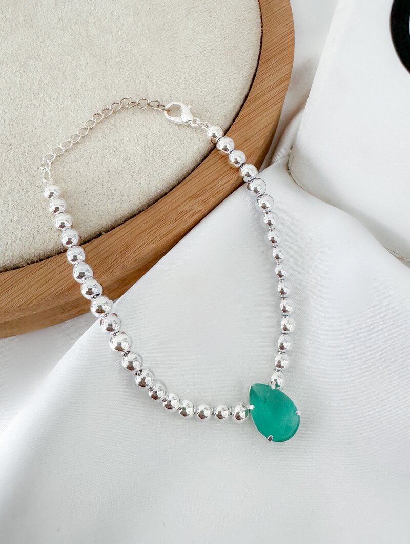 Pulseira Folheada a Ouro 18k e Prata Corrente de Esferas com Gota de Zircônia