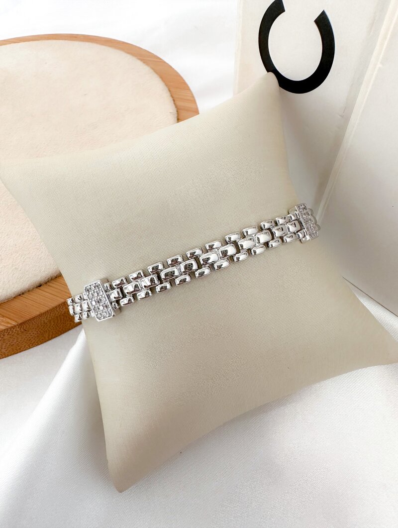 pulseira folheada a ouro 18k e prata designer corrente com detalhe de zircônia