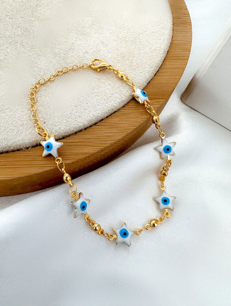 Pulseira Folheada a Ouro 18k e Prata Estrela com Olho Grego