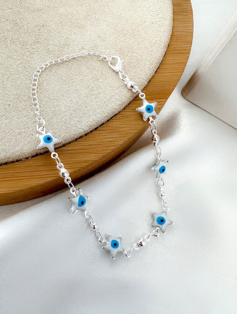Pulseira Folheada a Ouro 18k e Prata Estrela com Olho Grego