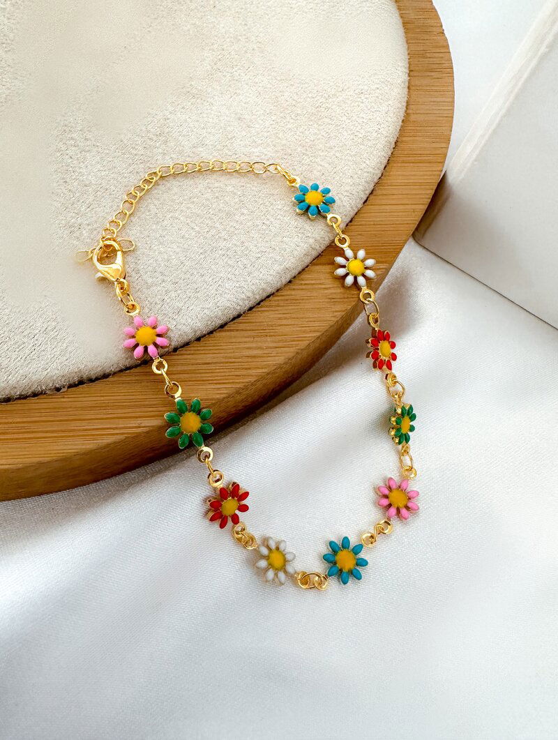 Pulseira Folheada a Ouro 18k e Prata Margaridas Coloridas