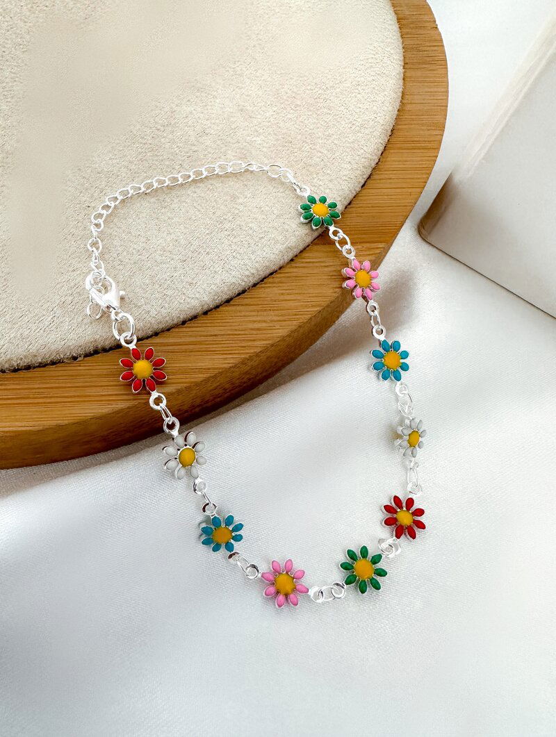 Pulseira Folheada a Ouro 18k e Prata Margaridas Coloridas