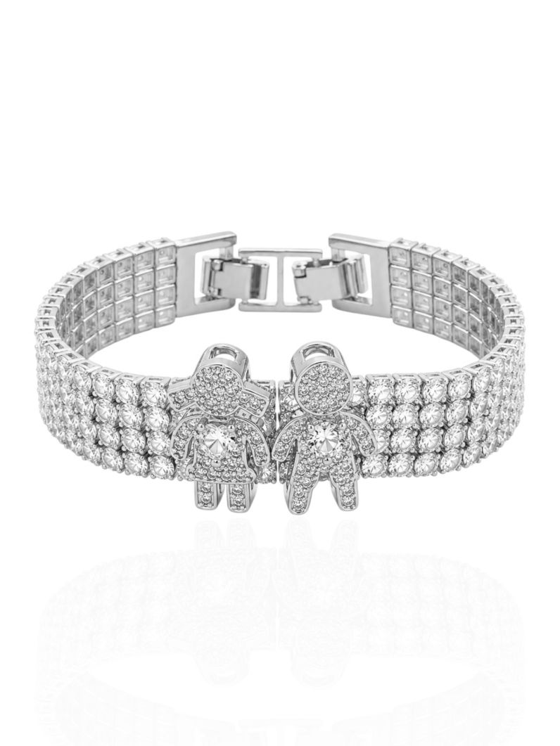 Pulseira Folheada a Ouro 18k e Prata Maxi Zirconia Com Charm Casal Menina e Menino