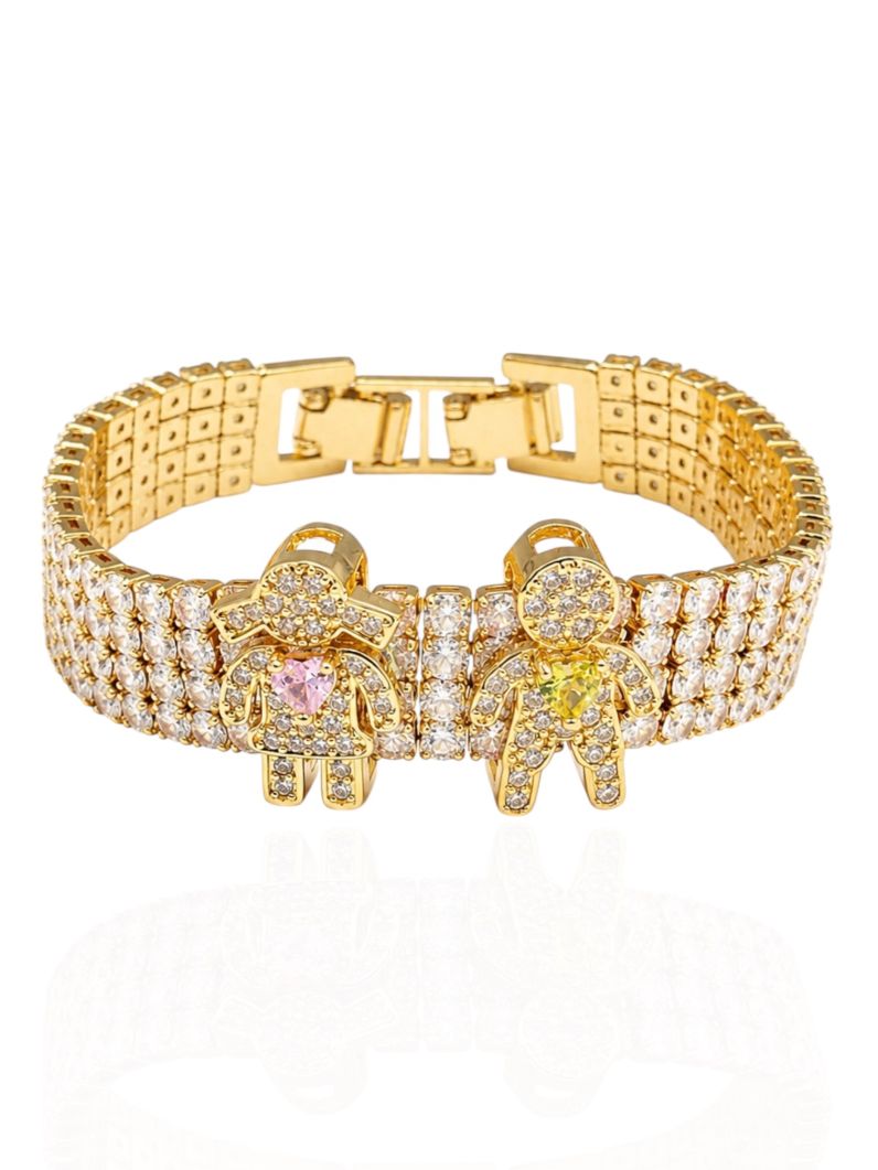 Pulseira Folheada a Ouro 18k e Prata Maxi Zirconia Com Charm Casal Menina e Menino