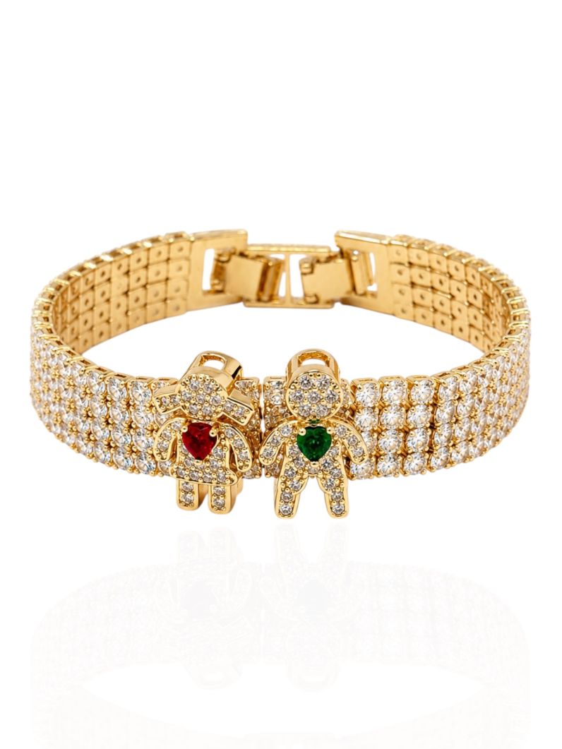 Pulseira Folheada a Ouro 18k e Prata Maxi Zirconia Com Charm Casal Menina e Menino
