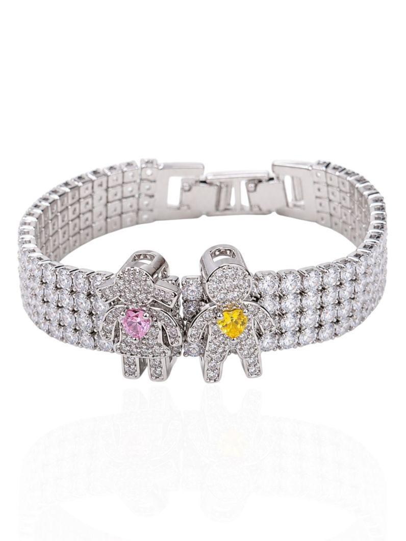 Pulseira Folheada a Ouro 18k e Prata Maxi Zirconia Com Charm Casal Menina e Menino