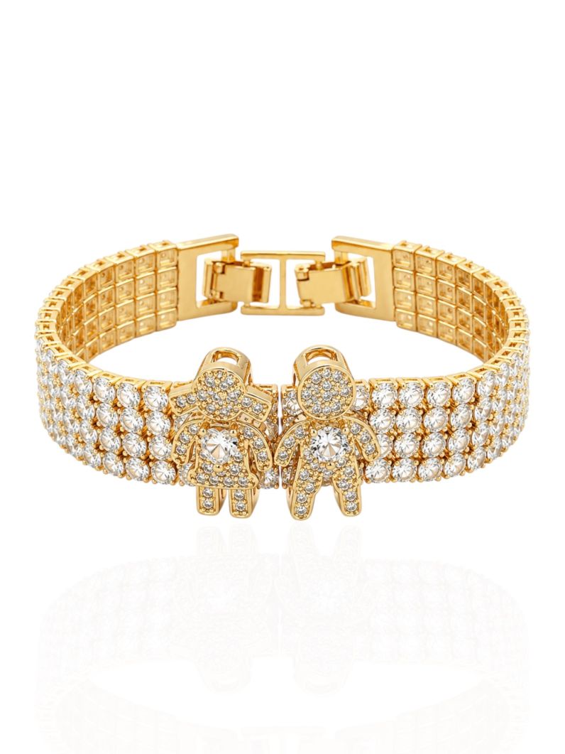 Pulseira Folheada a Ouro 18k e Prata Maxi Zirconia Com Charm Casal Menina e Menino