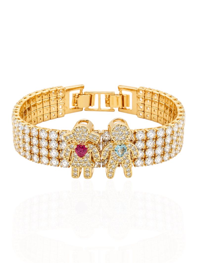 Pulseira Folheada a Ouro 18k e Prata Maxi Zirconia Com Charm Casal Menina e Menino