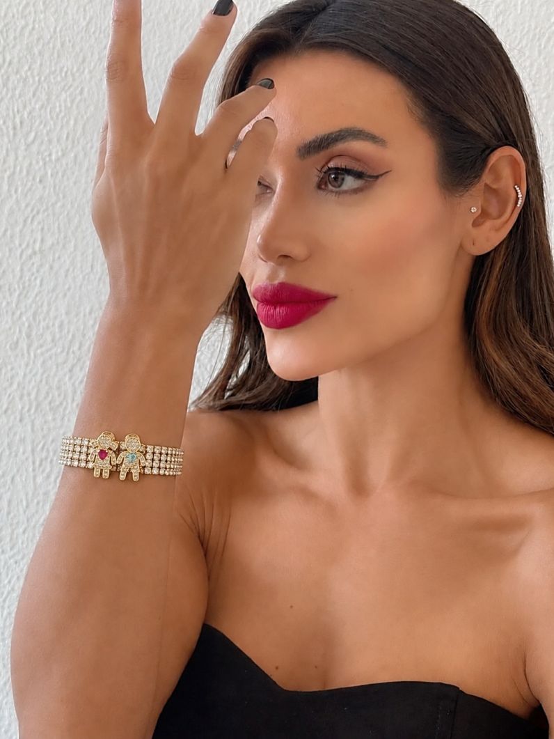 Pulseira Folheada a Ouro 18k e Prata Maxi Zirconia Com Charm Casal Menina e Menino