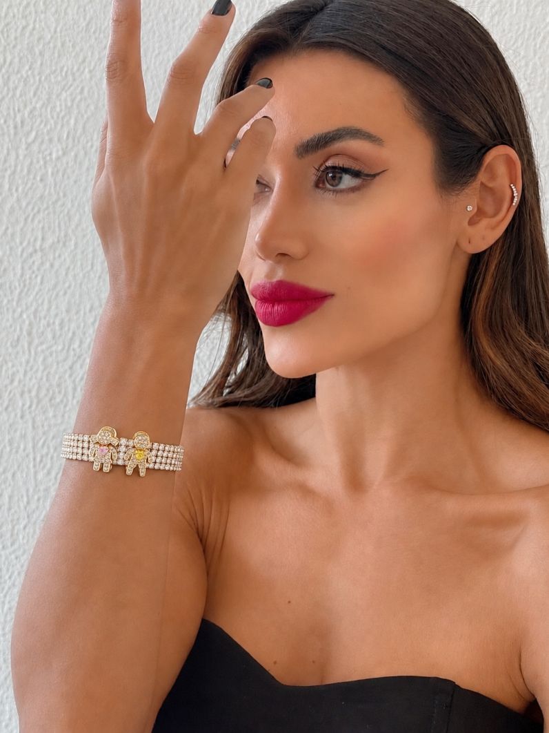 Pulseira Folheada a Ouro 18k e Prata Maxi Zirconia Com Charm Casal Menina e Menino