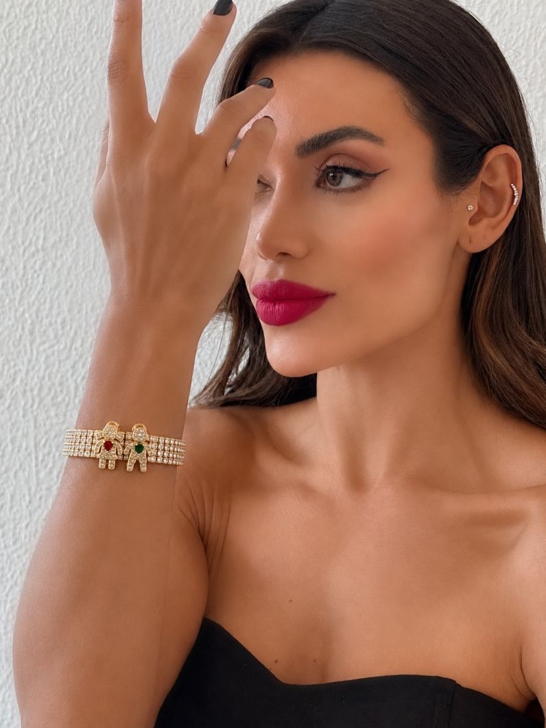 Pulseira Folheada a Ouro 18k e Prata Maxi Zirconia Com Charm Casal Menina e Menino