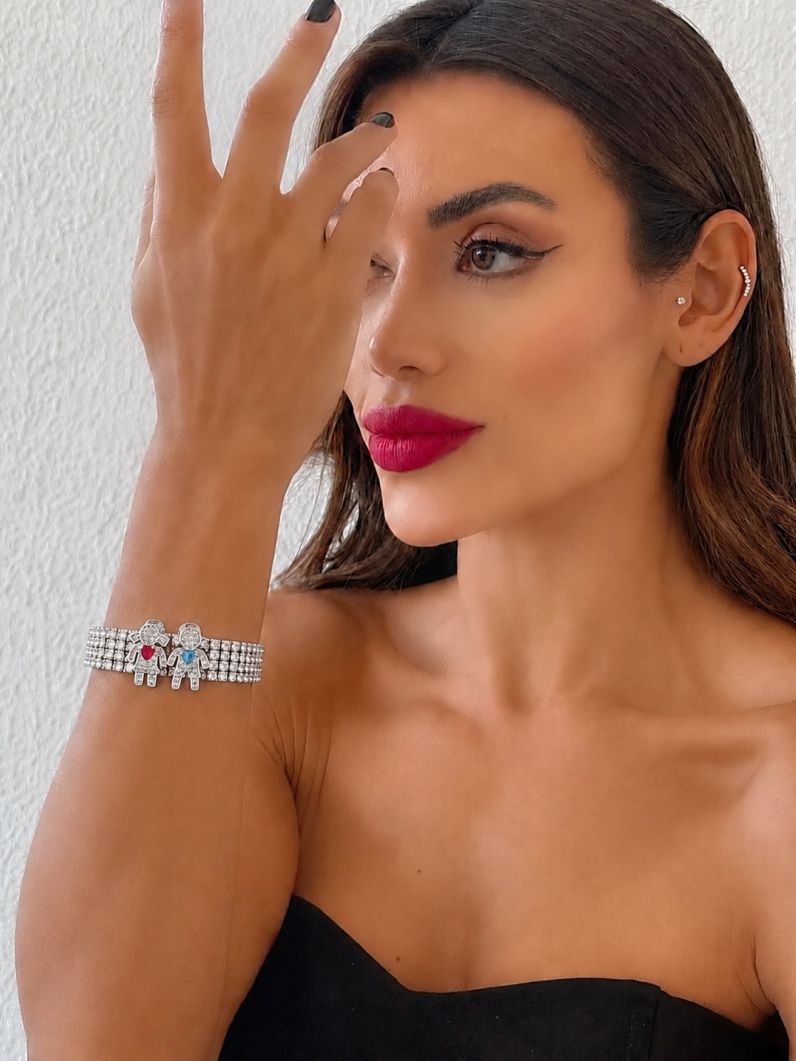 Pulseira Folheada a Ouro 18k e Prata Maxi Zirconia Com Charm Casal Menina e Menino