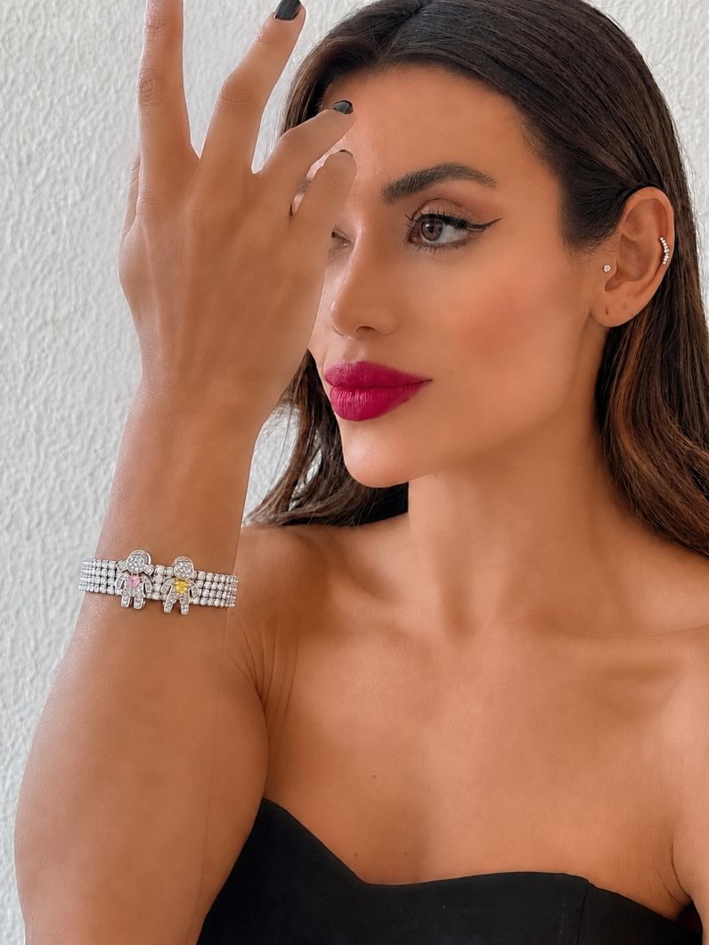 Pulseira Folheada a Ouro 18k e Prata Maxi Zirconia Com Charm Casal Menina e Menino