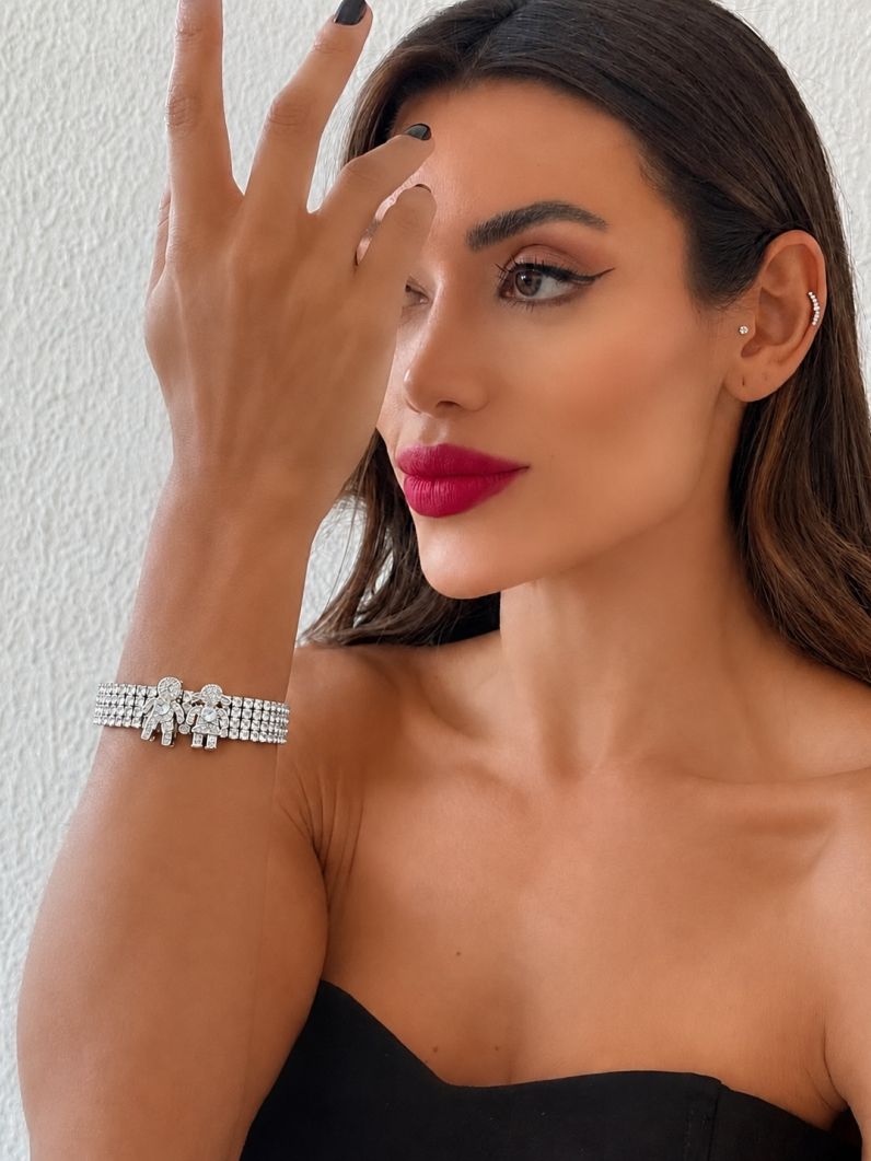 Pulseira Folheada a Ouro 18k e Prata Maxi Zirconia Com Charm Casal Menina e Menino