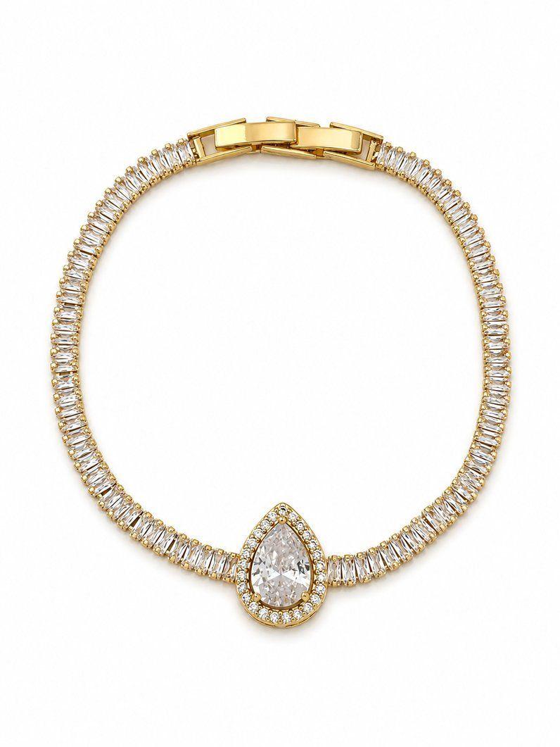 Pulseira Folheada a Ouro 18k e Prata Navetes Com Gota Cristal Colorido