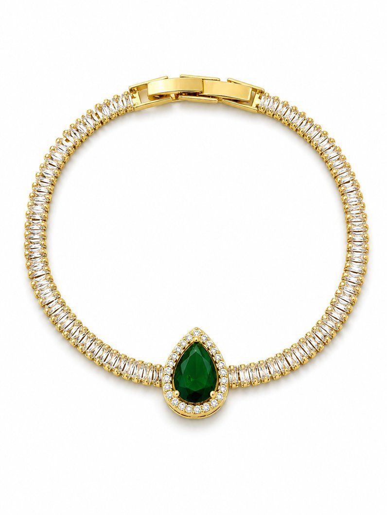 Pulseira Folheada a Ouro 18k e Prata Navetes Com Gota Cristal Colorido