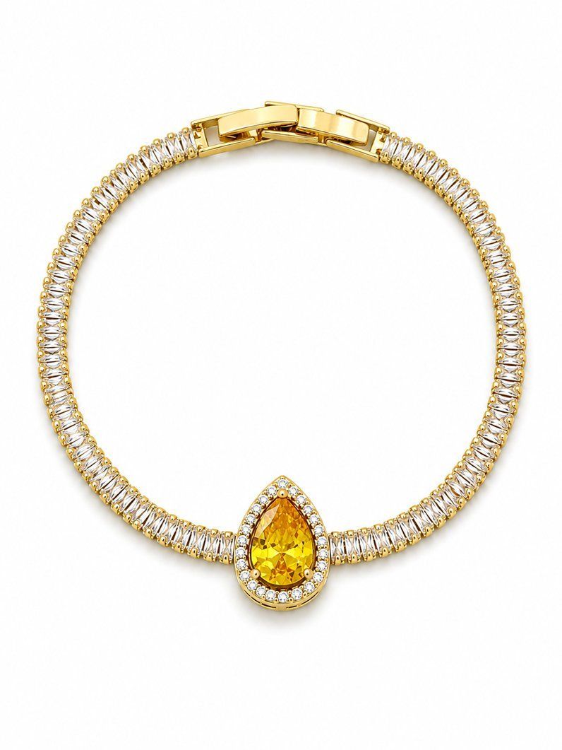 Pulseira Folheada a Ouro 18k e Prata Navetes Com Gota Cristal Colorido