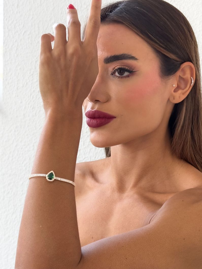 Pulseira Folheada a Ouro 18k e Prata Navetes Com Gota Cristal Colorido