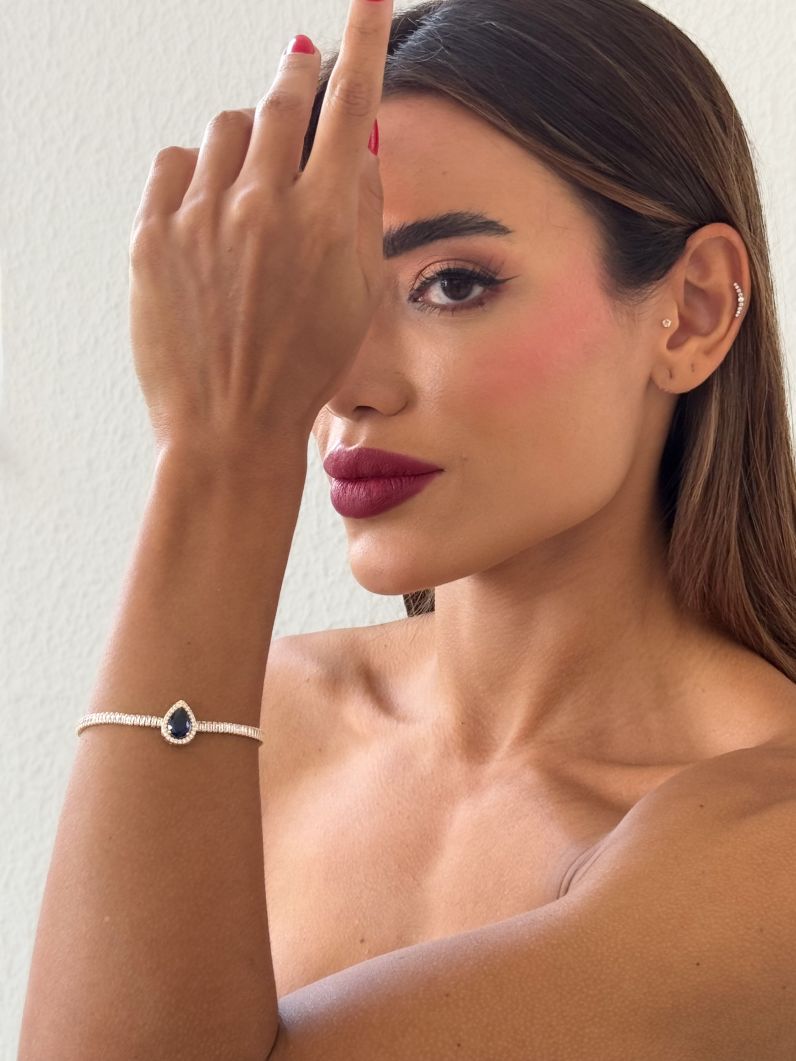Pulseira Folheada a Ouro 18k e Prata Navetes Com Gota Cristal Colorido