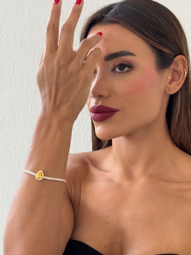 Pulseira Folheada a Ouro 18k e Prata Navetes Com Gota Cristal Colorido