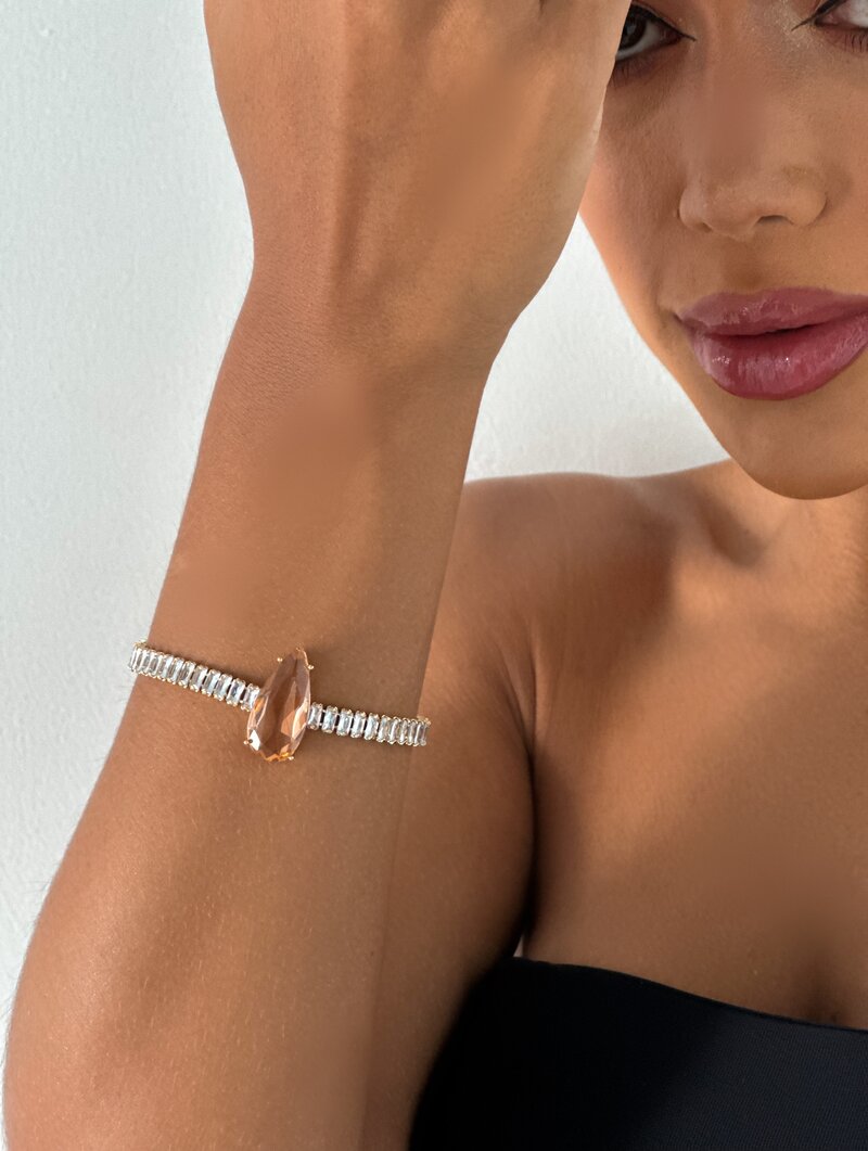 Pulseira Folheada a Ouro 18k e Prata Navetes com Gota de Zircônia