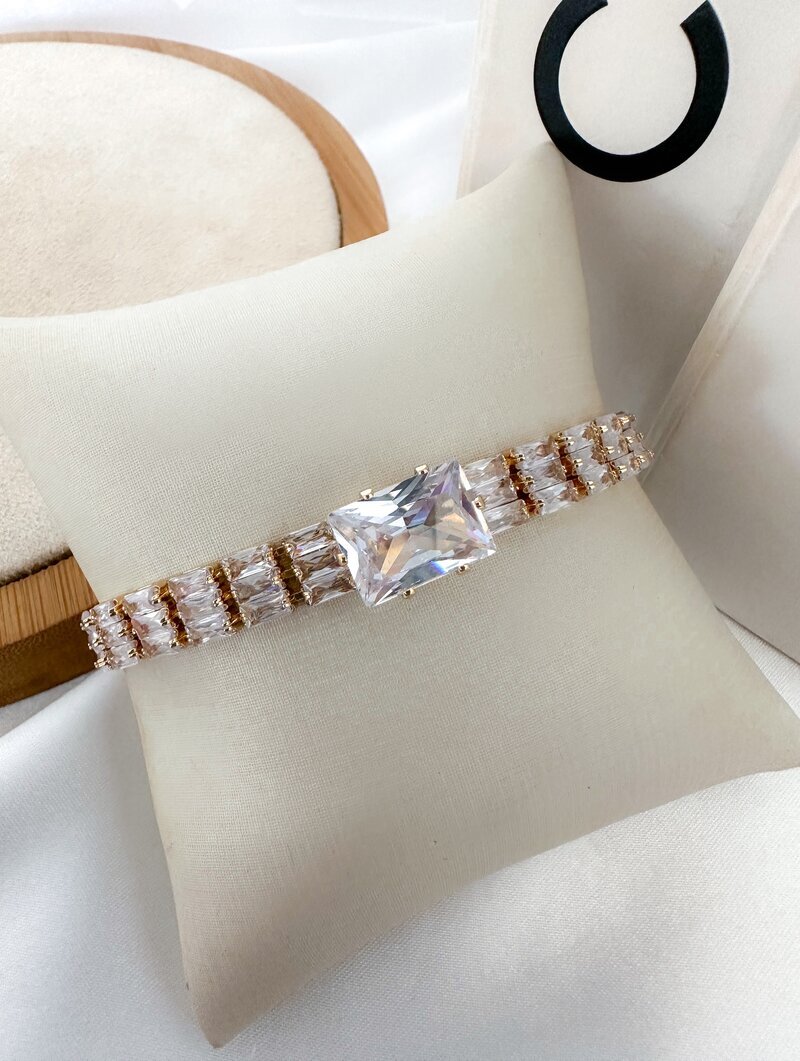 Pulseira Folheada a Ouro 18k e Prata Pulseira de Navetes com Pedra de Zircônia Central