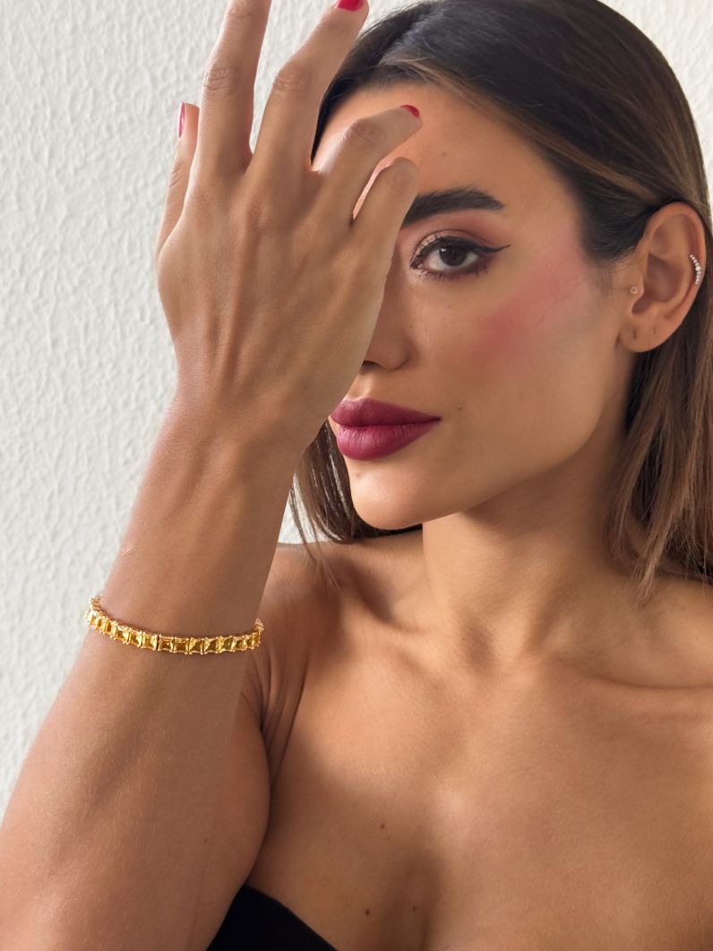 Pulseira Folheada a Ouro 18k e Prata Quadrado Com Zirconia Colorido