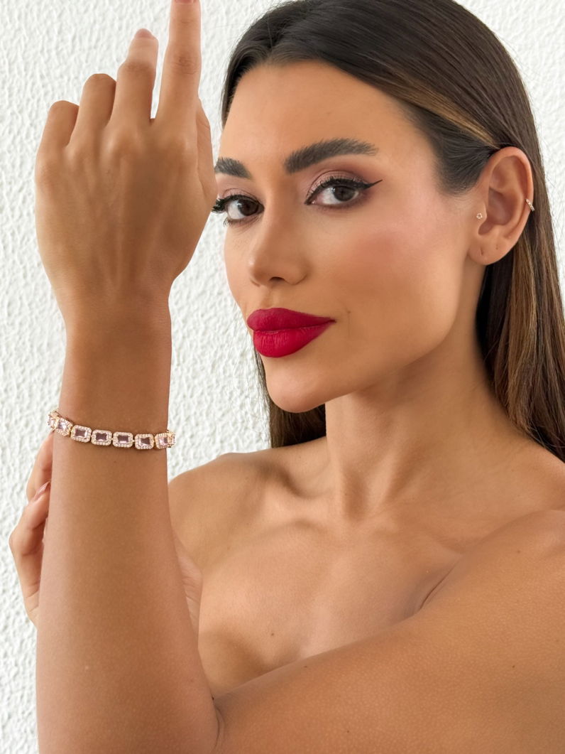 Pulseira Folheada a Ouro 18k e Prata Quadrado de Cristal