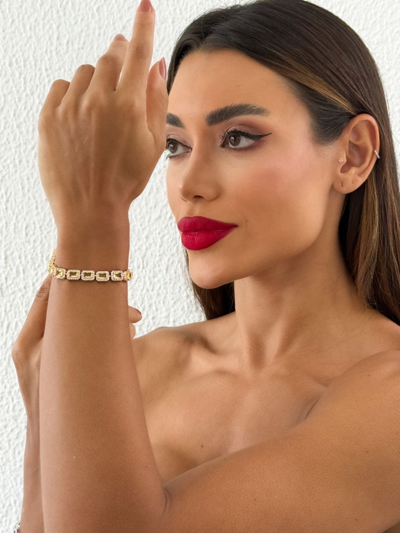 Pulseira Folheada a Ouro 18k e Prata Quadrado de Cristal
