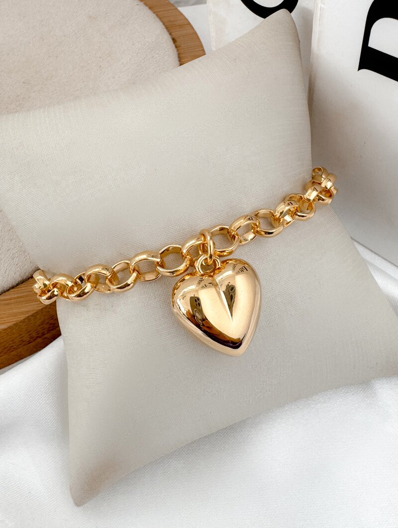 Pulseira Folheada a Ouro 18k Elo Português com Coração Liso