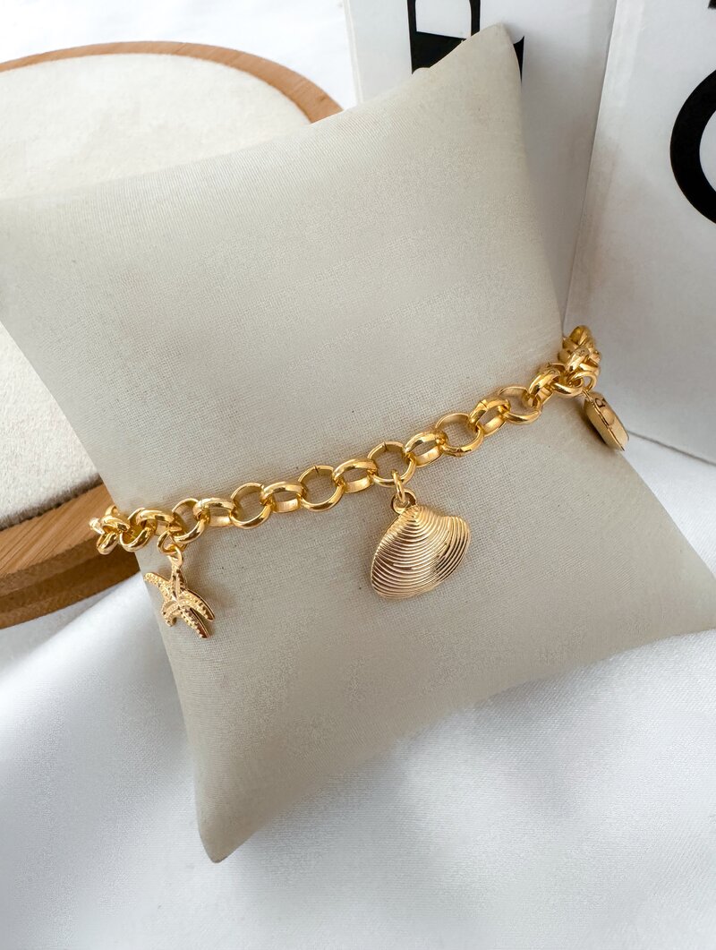 Pulseira Folheada a Ouro 18k Elo Português com Pingentes Mar