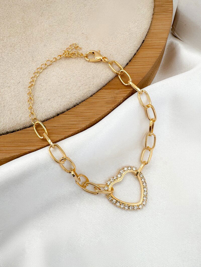 Pulseira Folheada a Ouro 18k Elos com Coração Borda Cravejada